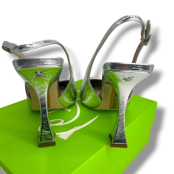 NEW Sam Edelman Odette Slingback Heels Size 8 Metallic Silver Leather Pumps - Picture 6 of 12